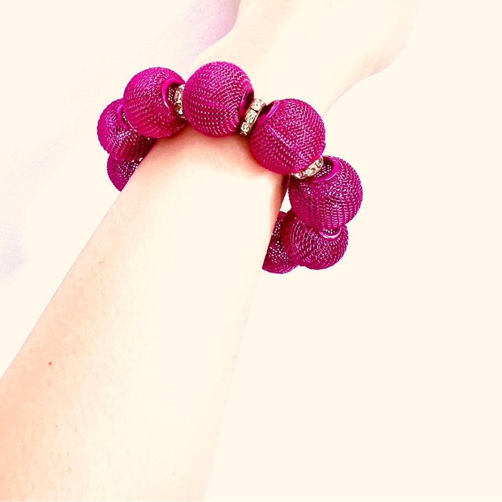Vintage chunky Hot Pink Bracelet Stretchy Metal Mesh rheistones 6 - 7" - Picture 6 of 12